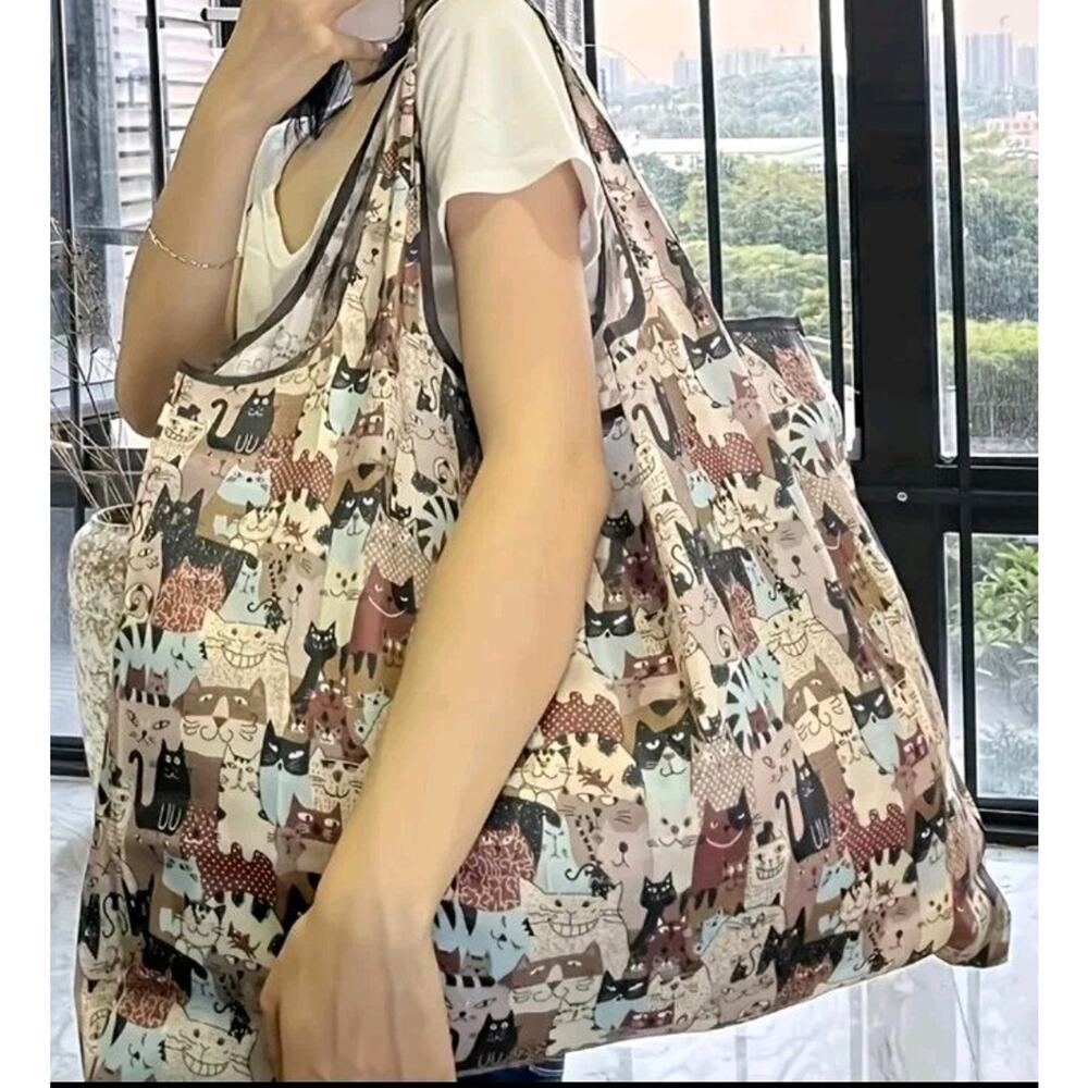 Large XL Animated Cat Packable Reusable Nylon Tote Grocery Bag Shopper Brown